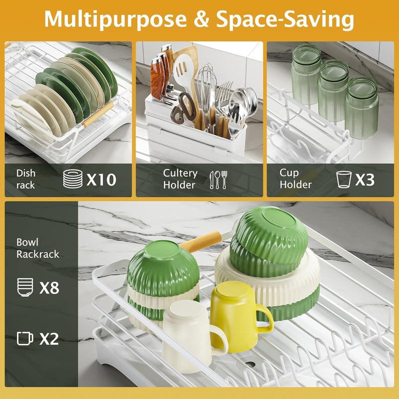 Epicano Dish Drying Rack for Kitchen Counter,Space-Saving Dish Rack,Rustproof Dish Drainer with Utensil Holder and Knife Slots for Sink,Kitchen Drying Rack with Wooden Handle and Cup Holder,White - Image 2